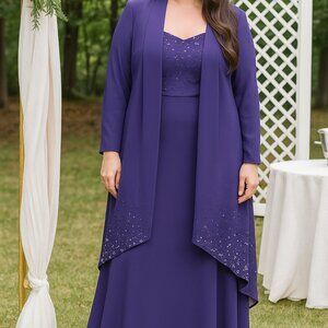 After Dark 3 Pc. Long Gown Set Purple with Beading Size 12 NWT